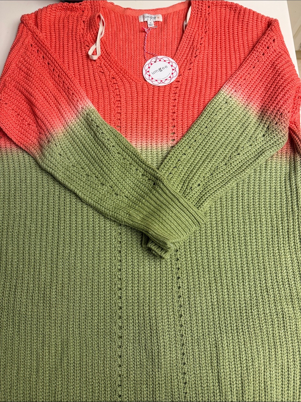 Umgee Coral to Sage Dip Dye V-Neck Sweater XL